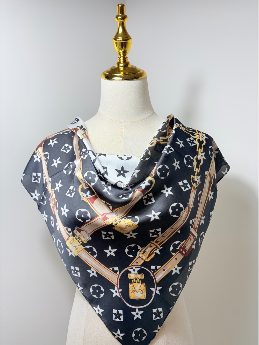 Elegant Black and White Satin Polyester Scarf with Gold and Brown Belt and Chain